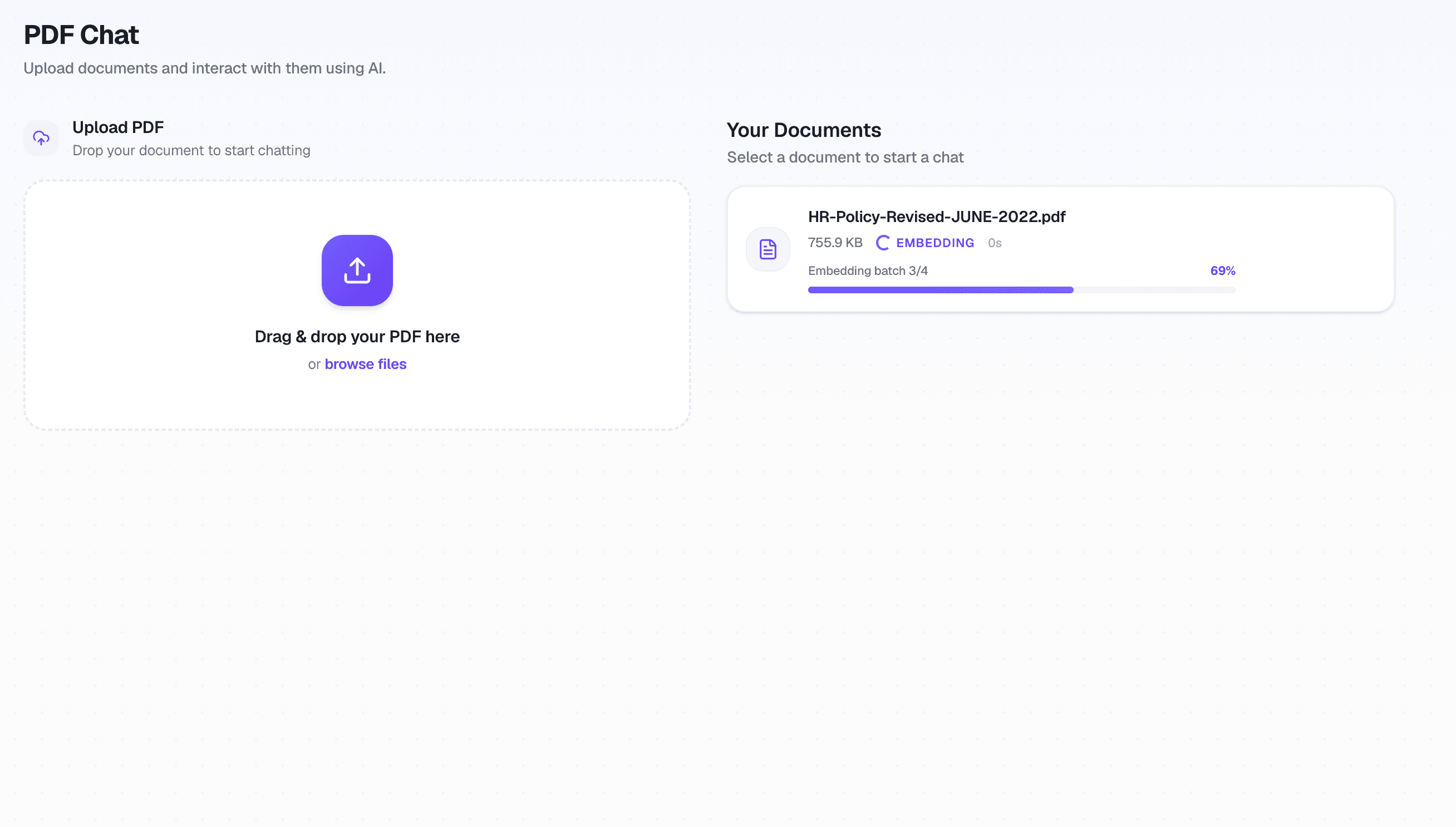 IntelliPDF document upload and asynchronous indexing interface