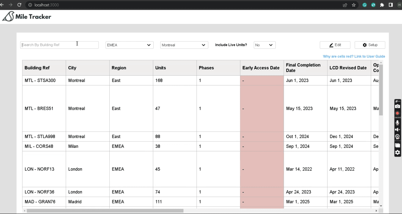 Mile Tracker building project administration interface, screen 1