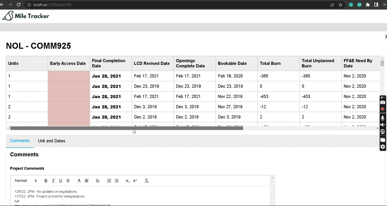 Mile Tracker building project administration interface, screen 2