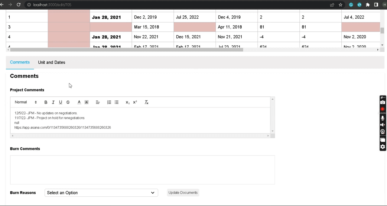 Mile Tracker building project administration interface, screen 3
