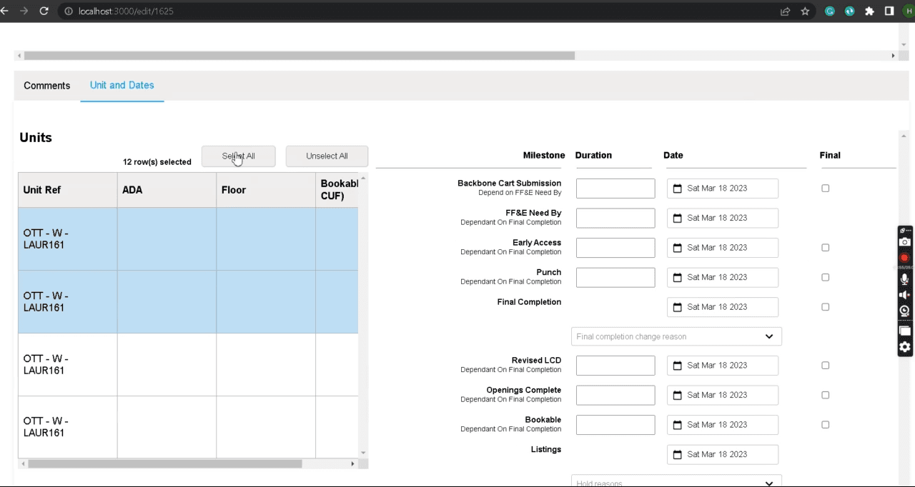 Mile Tracker building project administration interface, screen 4