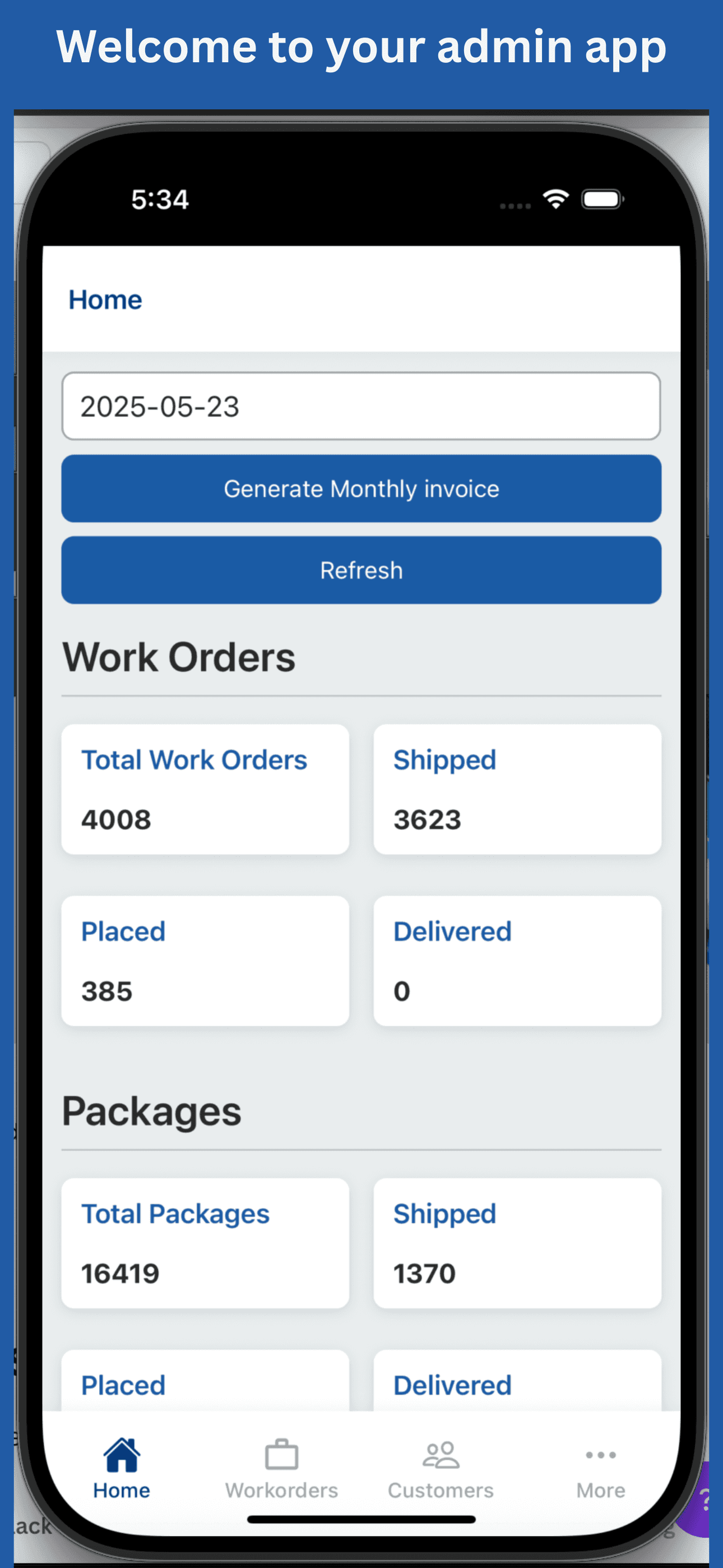 RBM Trading mobile admin dashboard with work order and package totals