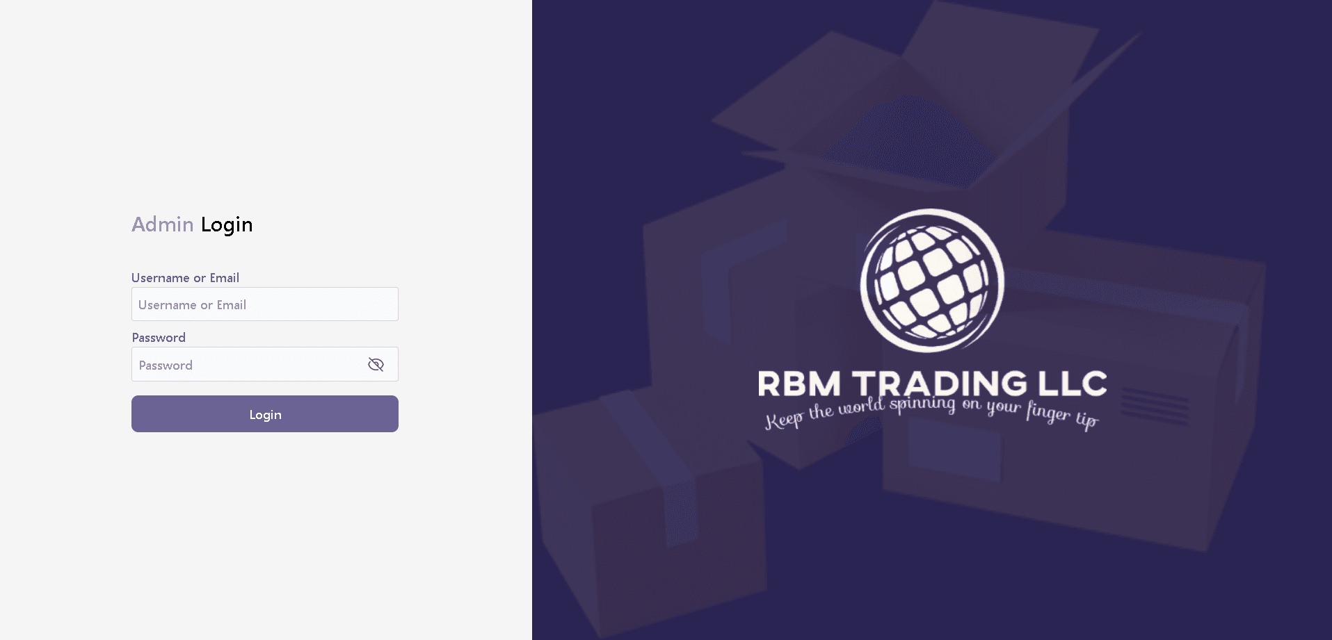 RBM Trading administration portal login screen
