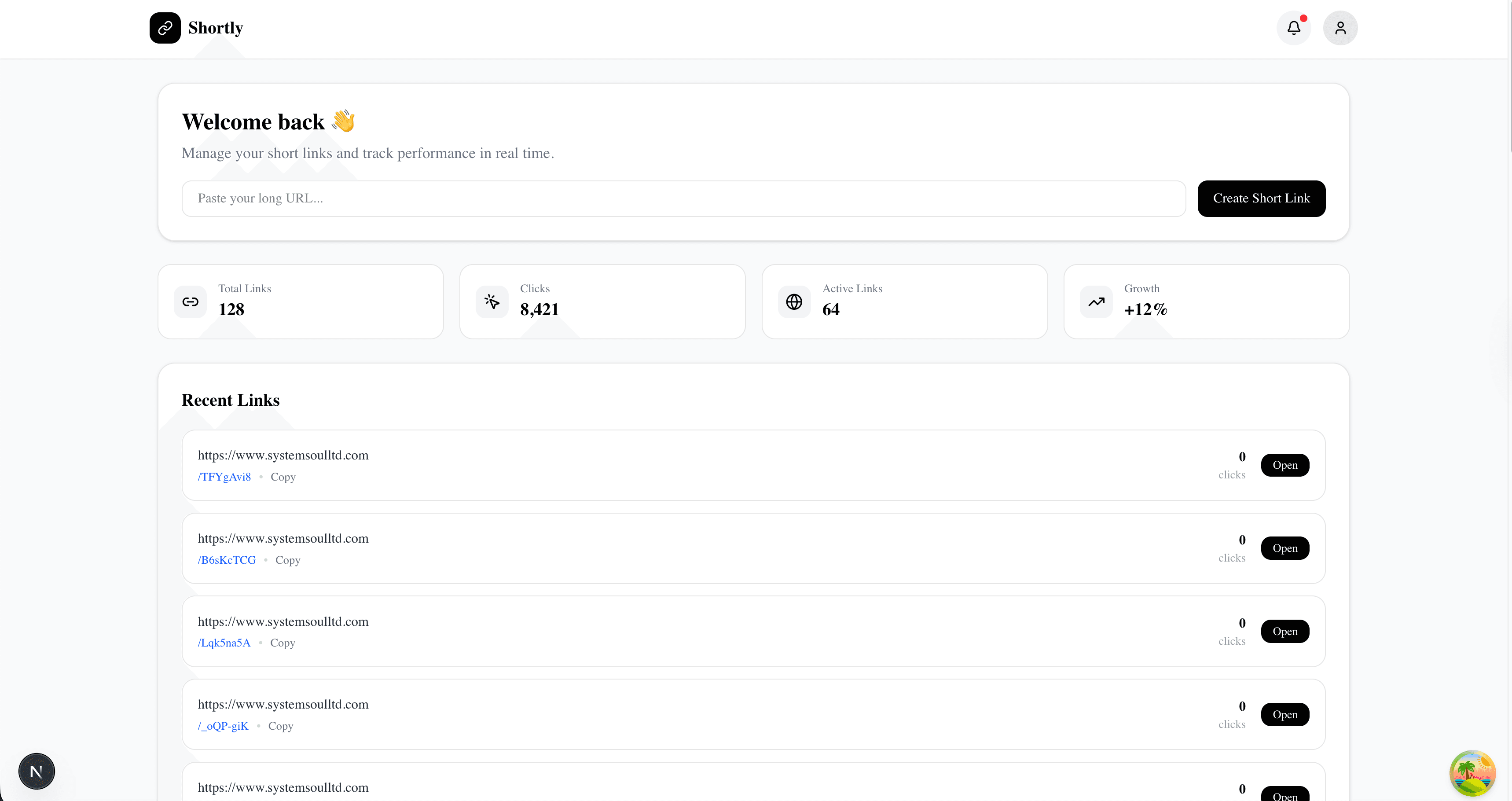 Shortly URL management web application, screen 3