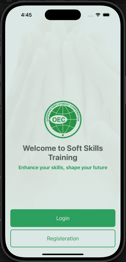 Training Platform mobile welcome and login screen