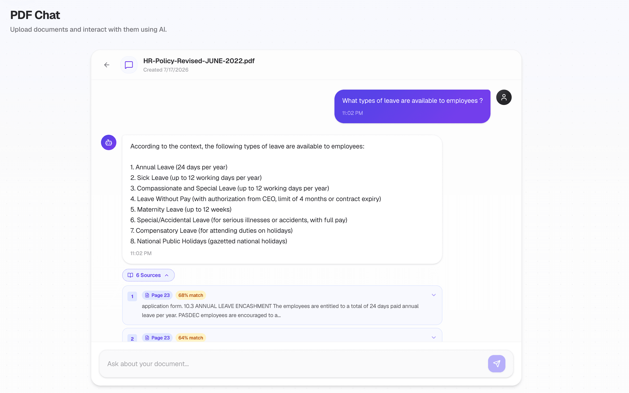 IntelliPDF chat answer with cited PDF pages and similarity scores