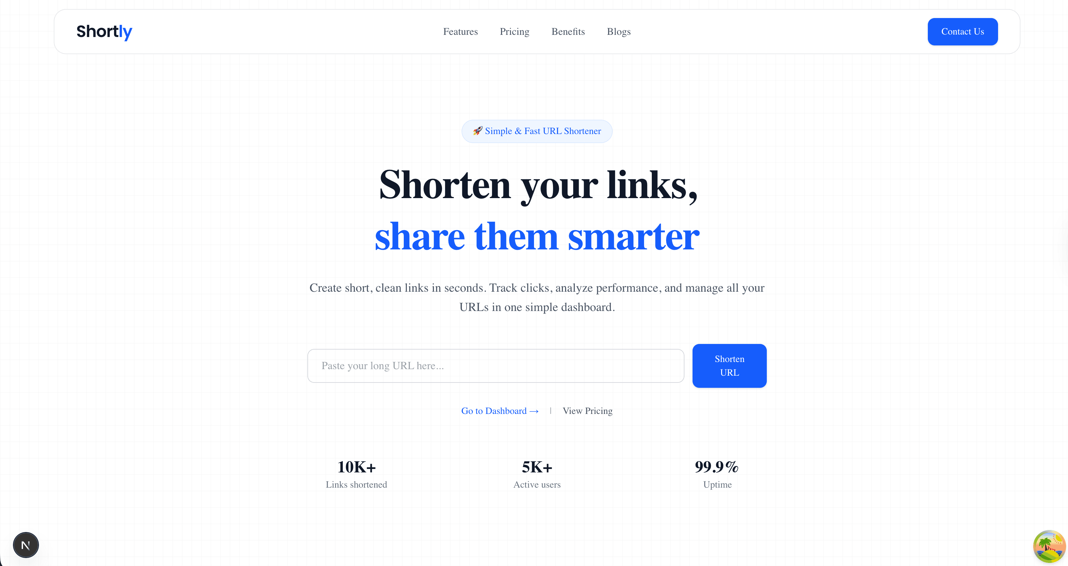 Shortly URL management web application, screen 1